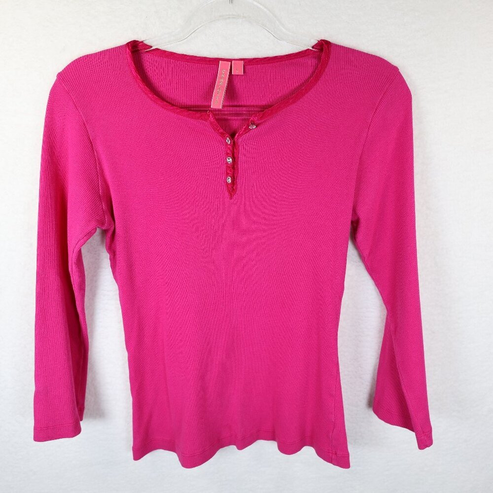 Charlotte Tarantola Dark Pink Rhinestone Ribbed Knit Henley Top‎ Juniors L